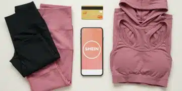 Shein athleisure collection flat lay with smartphone and credit card, representing smart shopping for US enthusiasts.