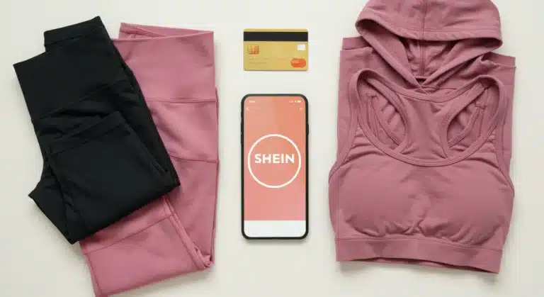 Shein athleisure collection flat lay with smartphone and credit card, representing smart shopping for US enthusiasts.