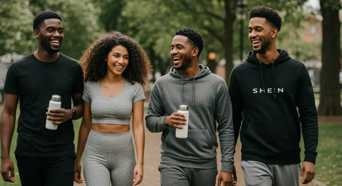 Diverse friends in Shein athleisure enjoying an urban park, demonstrating comfortable and stylish everyday wear.
