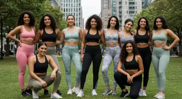 Diverse women in Shein athleisure, smiling in an urban park, showcasing budget-friendly activewear styles.
