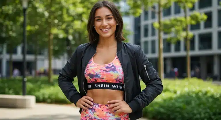 Confident woman in stylish Shein athleisure outfit in urban park