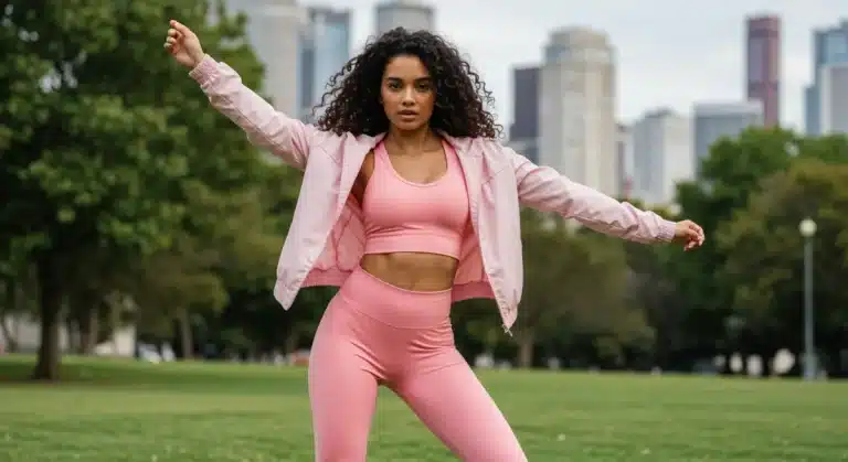 Stylish woman in Shein athleisure outfit in urban park