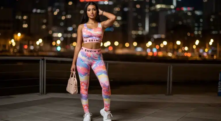 Woman in stylish Shein athleisure set, urban background
