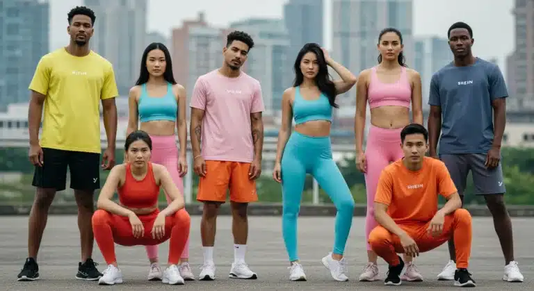Diverse individuals wearing Shein athleisure in urban setting