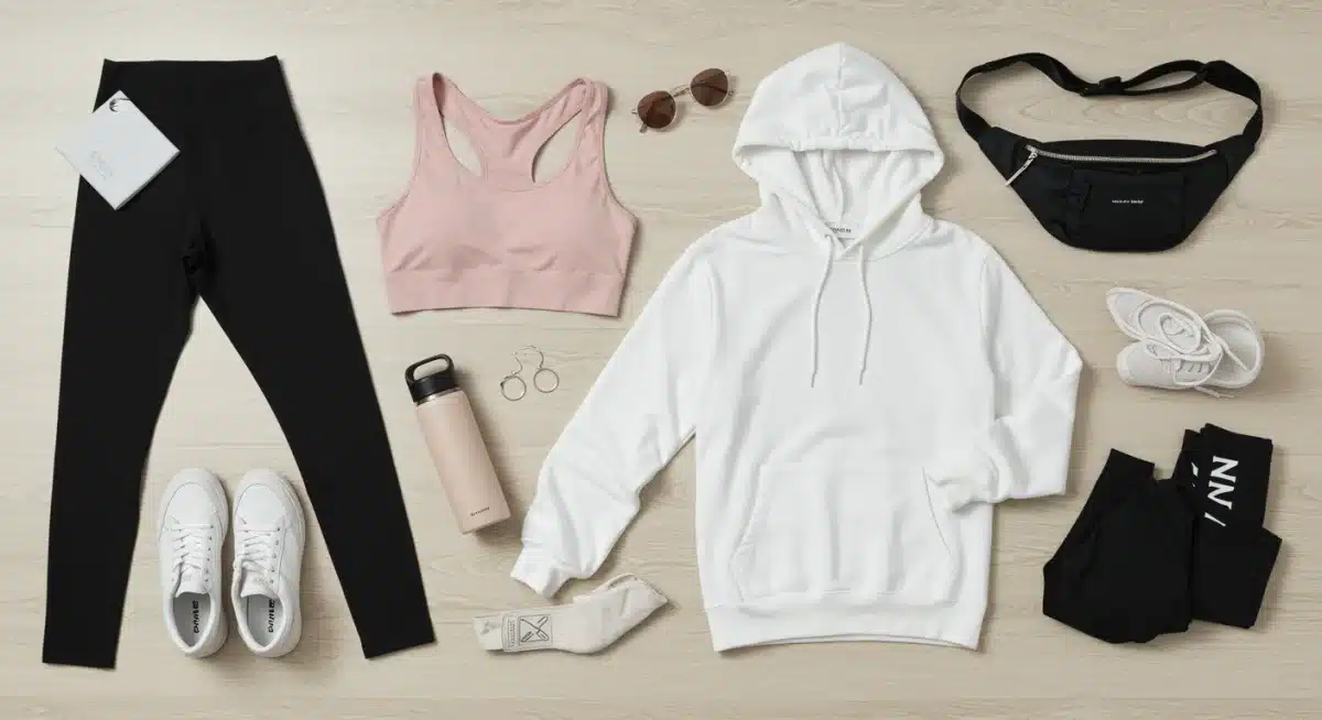 Shein athletic wear flat lay with leggings, sports bra, and hoodie