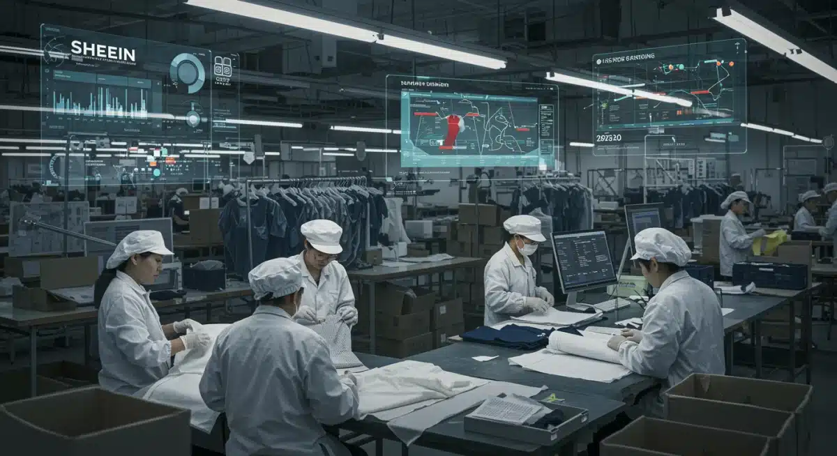 Shein factory workers inspecting garments, integrating technology in production.