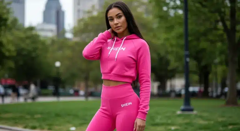 Woman in pink Shein athleisure set in urban park