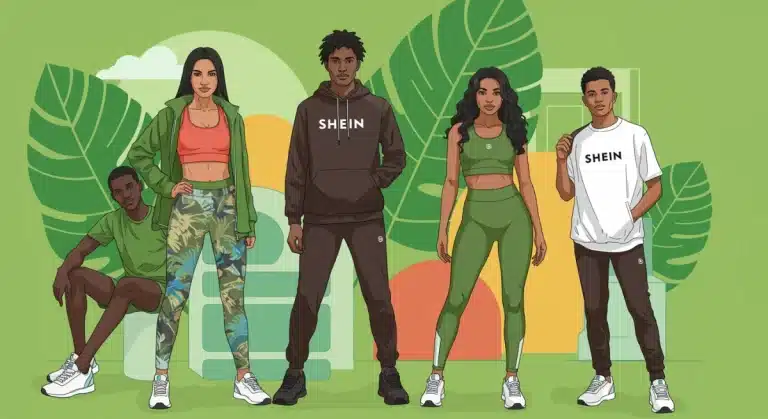 Illustration of people in Shein's sustainable athleisure wear, combining style with eco-friendly elements.