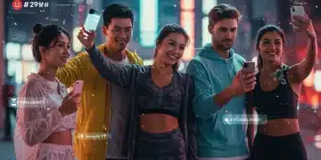 Young adults in trendy sports fashion engaging with social media in an urban setting