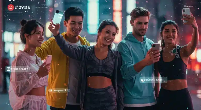 Young adults in trendy sports fashion engaging with social media in an urban setting