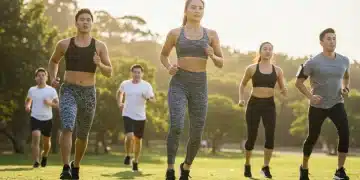 Athletes in SPF fitness apparel exercising outdoors