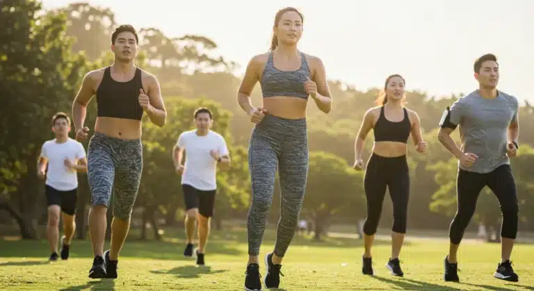 Athletes in SPF fitness apparel exercising outdoors