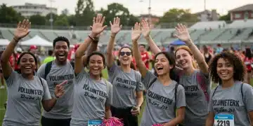 Volunteers celebrating success at a sporting event, showcasing teamwork and positive engagement.
