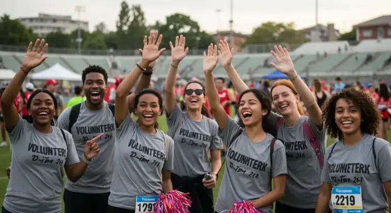 Volunteers celebrating success at a sporting event, showcasing teamwork and positive engagement.