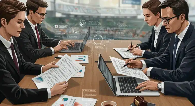 Professionals reviewing sports event legal contracts at a conference table
