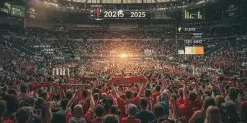 Vibrant sports stadium with fans in team merchandise, highlighting the dynamic sports event merchandise market.
