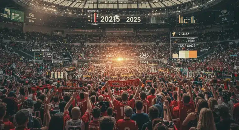 Vibrant sports stadium with fans in team merchandise, highlighting the dynamic sports event merchandise market.