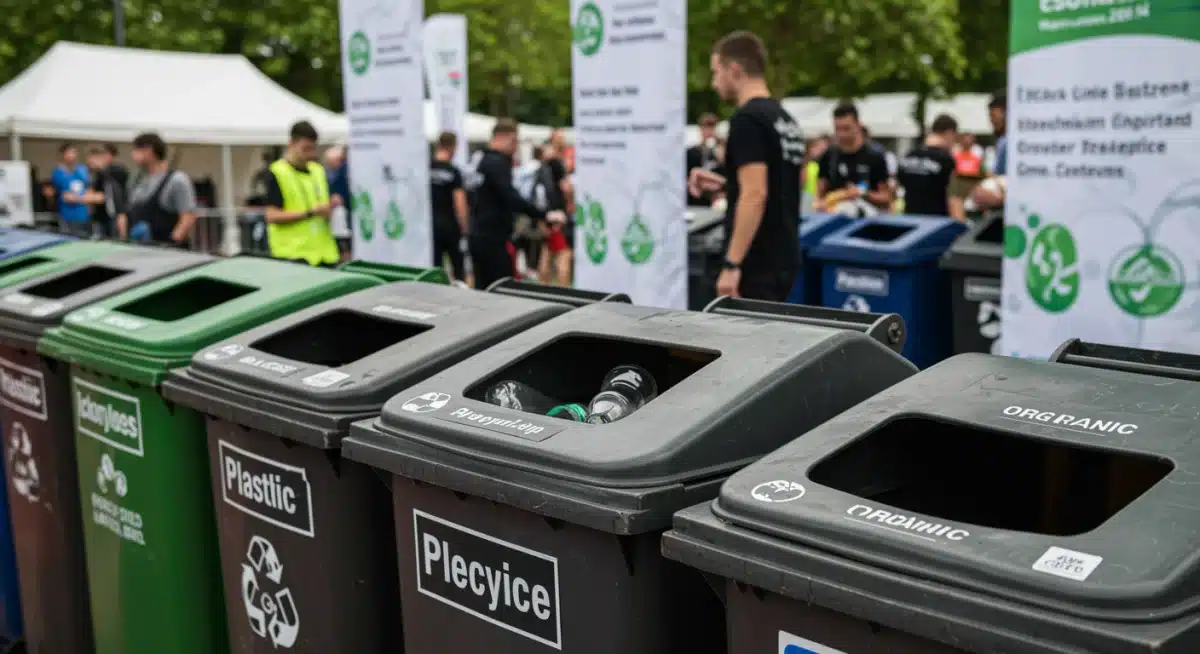 Recycling bins at a sports event for effective waste management