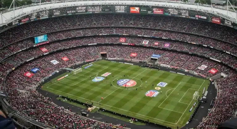 Dynamic sports stadium with prominent sponsor logos during a major event, showcasing brand visibility and financial impact.