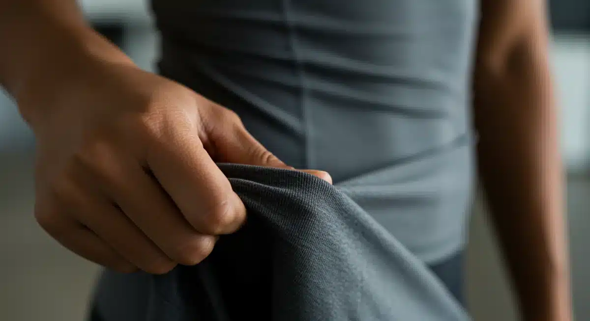 Close-up of premium fitness fabric being stretched, highlighting its durability and quality.