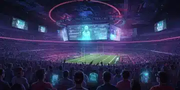 Futuristic Super Bowl stadium with holographic displays and augmented reality enhancing fan experience