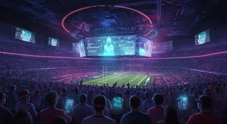 Futuristic Super Bowl stadium with holographic displays and augmented reality enhancing fan experience