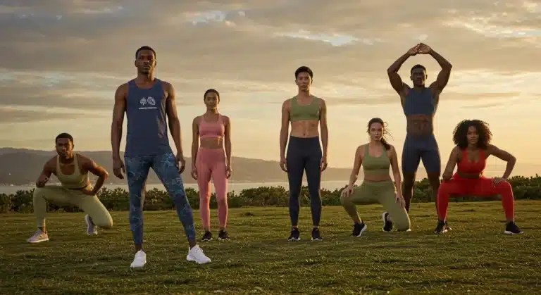 Athletes in sustainable fitness wear exercising outdoors