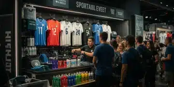 Sustainable sports merchandise display at a 2025 event