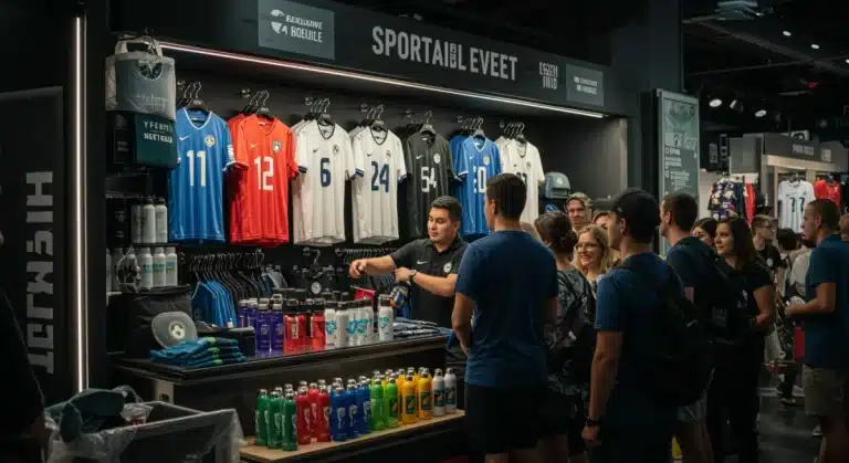 Sustainable sports merchandise display at a 2025 event