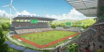 Sustainable sports stadium with renewable energy and green landscaping
