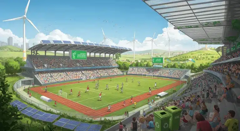 Sustainable sports stadium with renewable energy and green landscaping