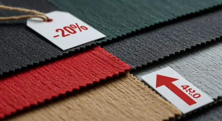 Colorful textile swatches with rising price tag indicating tariff impact