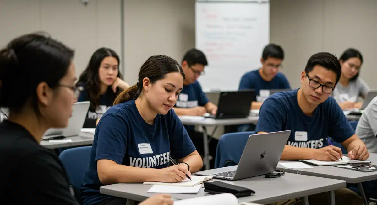 Volunteers actively participating in a training session for an upcoming sporting event.