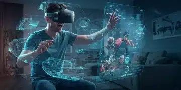 Sports fan experiencing immersive VR and AR sports event viewership in 2025.