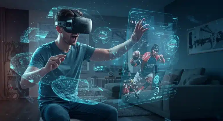 Sports fan experiencing immersive VR and AR sports event viewership in 2025.