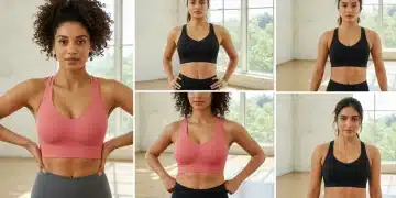 Women in various sports bras for different impact levels during fitness activities