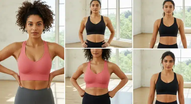 Women in various sports bras for different impact levels during fitness activities