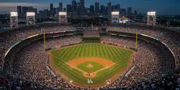 Aerial view of a World Series baseball stadium at dusk, full of fans and bright lights.