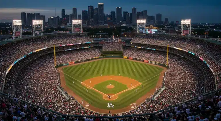 Aerial view of a World Series baseball stadium at dusk, full of fans and bright lights.