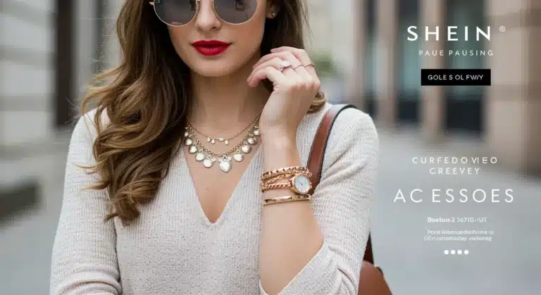 Stylish woman wearing Shein accessories including necklace, bracelets, handbag, and sunglasses, looking fashionable.