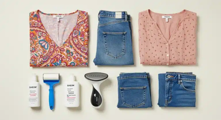 Arrangement of Shein clothing with care products for extended longevity