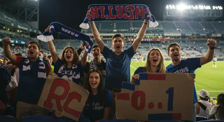 Enthusiastic sports fans celebrating at a stadium during an event