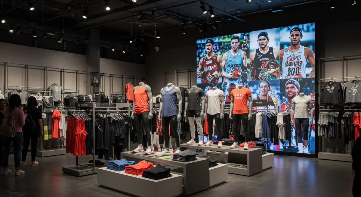 Modern sports fashion retail store with athlete endorsement displays
