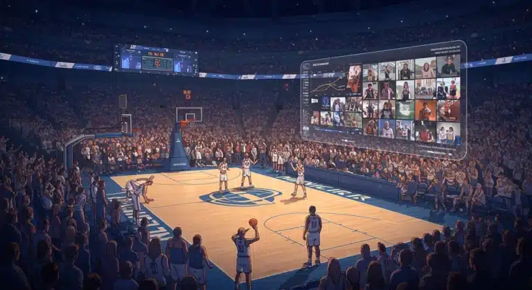 Hybrid NCAA tournament model blending physical and virtual fan engagement