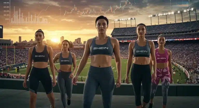 Shein sports apparel models in a stadium, symbolizing market entry and growth.