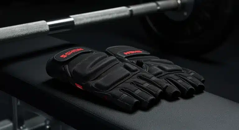 Shein 2026 fitness gloves on a gym bench with a barbell, emphasizing grip and durability