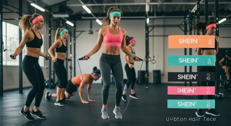 Athletes performing high-impact workouts with Shein headbands and hair ties in a modern US gym.