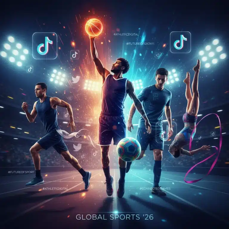 Athletes engaged in sports with social media icons, symbolizing digital promotion
