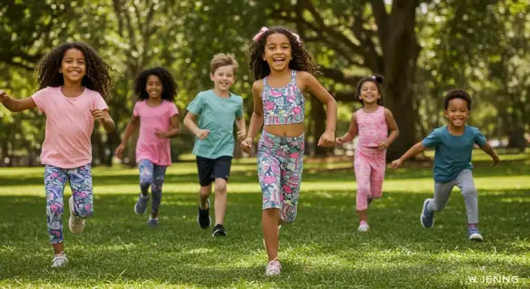 Children wearing Shein activewear playing in a park, showcasing comfort and style.