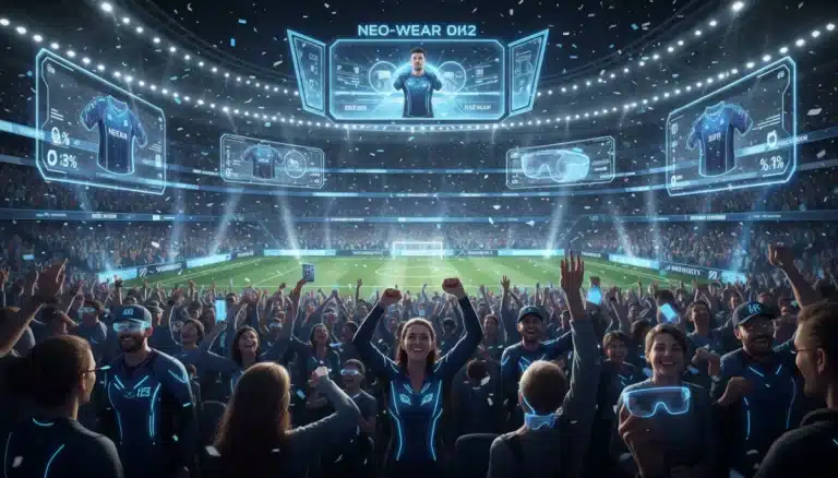 Futuristic sports stadium with fans wearing innovative, personalized merchandise in 2026.